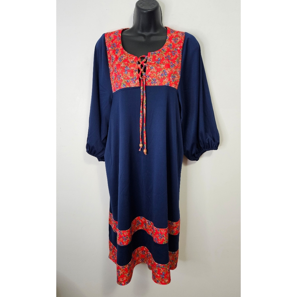 Vintage 60s 70s Prairie Midi Dress Sz M Navy Blue Red Florals Boho Bohemian …